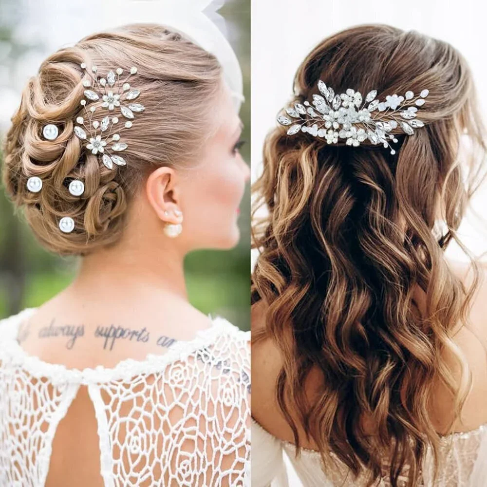 17 Pieces Silver Metal Crystal Rhinestone Pearl Bridal Wedding Hair Side Combs S